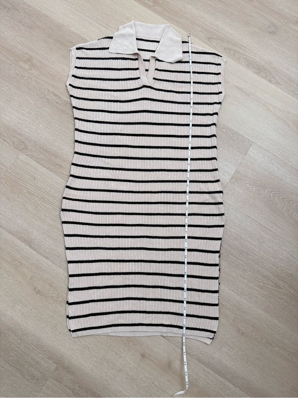 Striped Crochet Knit Polo Midi Dress Sz M Beige Black Slit Beach Summer Preppy - Picture 7 of 14